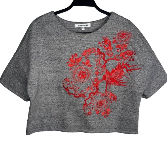 Elizabeth & James Gray Oversized Cropped Sweater Red Embroidery Cotton Blend SzM - Picture 1 of 8